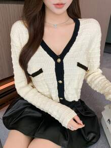 DAZY Women's Casual Striped Trim Crop Cardigan, Autumn/Winter,Fall Women Clothes - Beige - View 1