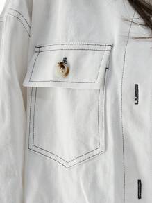 Aloruh Women's Casual Loose Contrast Color Solid Collar Long Sleeve Open Front Washed Cotton Denim Shirt White Regular Jacket For Fall And Winter