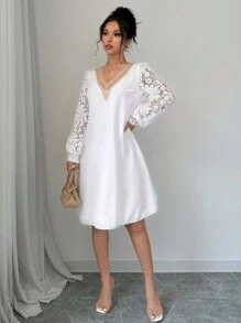 Chiquease Elegant Long Sleeve Lace Splicing V-Neck Dress - White - View 6