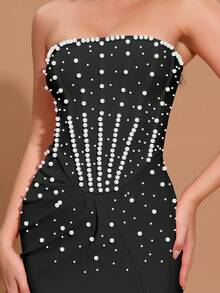 Modphy Robe longue élégante pour femmes, bleu clair, sexy, à encolure dégagée, ornée de perles, moulante avec fente haute, pour soirée