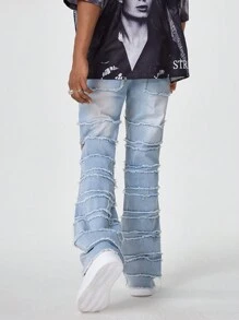 Manfinity EMRG Pantalones vaqueros de campana desgastados de color azul claro desteñido para hombre