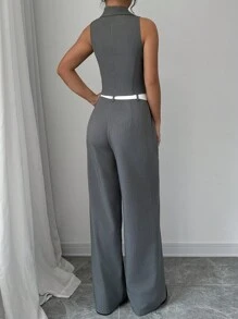 Chiquease 女士休闲商务套装：无袖背心和撞色腰带裤 - 灰色 - 查看 2