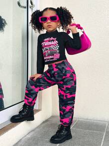 SHEIN Explorewe 年轻女孩 2 件套：黑色立领长袖图案 T 恤 + 迷彩工装口袋慢跑裤，适合秋季、冬季、休闲、派对、学校、生日、野餐、与姐妹搭配 - 彩色 - 查看 3