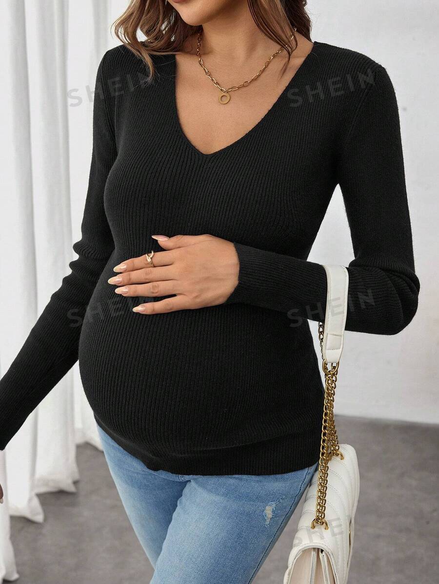 SHEIN Jersey casual de manga larga con cuello en V de unicolor para maternidad, para invierno - Negro - Ver 1