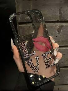 ROMWE Grunge Punk 1pc Leopard Print Love Pattern Glitter Transparent Phone Case Compatible With Apple
