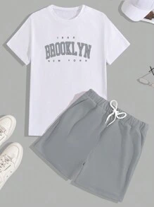 EURMUSE Män Brevtryckt Vanlig T-shirt & Kort tvådelad - Grå - Visa 2