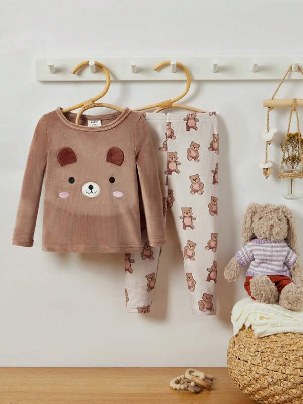 Conjunto de 2 peças de tecido de pelúcia com estampa de urso para bebê menino manga comprida e calças com ajuste confortável conjunto de loungewear