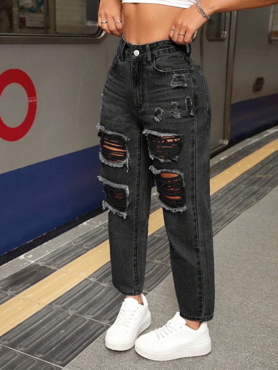 SHEIN PETITE 女式纯色简约休闲破洞牛仔裤 - 深灰色 - 查看 1