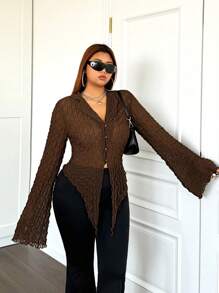 SHEIN ICON 加大码 生菜边 不对称下摆 透视上衣 不含胸罩 衬衫 - 1891 - 咖啡棕 - 查看 4