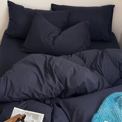 3 件套深蓝色宿舍卧室床上用品套装，包括 1 个羽绒被套、2 个枕套，超柔软，可机洗，无填充物