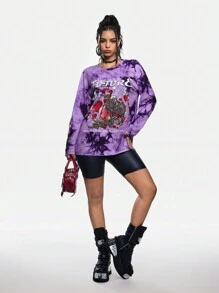 Freeman Studio Artist Women's Loose Fit Graphic Printed Crew Neck Long Sleeve T-Shirt In Halloween, Y2K, Streetwear, Dark Casual Styles, Women Tee, For Holiday, Vacation, Festival, Ibiza Fits, Western Wear - Multicolor - View 3