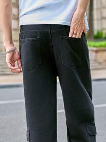 Claim Dot Pantalones vaqueros casuales rectos y sueltos con bolsillos cargo versátiles para hombres - Negro - Ver 6