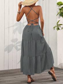 SHEIN Clasi Cross-Strap Backless Spaghetti Strap Dress For Summer Vacation - Grey - View 2