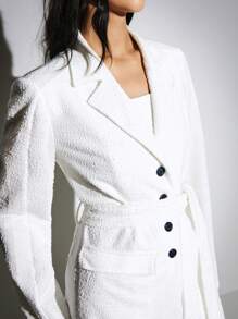 SHEIN Frenchy White Summer Elegant Office Tweed Blazer Jacket,Women's Lace-Up Waist Single-Breasted Grain Velvet Small Lapel Business Casual Workplace Formal Tops - White - View 7