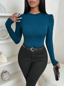 Zolique 女款圓領泡泡袖優雅休閒修身長袖T恤，秋冬服飾，辦公室穿搭下裝，青藍色 - 藍色 - 查看 4