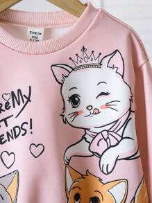 SHEIN Leap Crew Sudadera de cuello redondo con estampado de gato lindo y versátil para niña bebé, adecuada para la temporada de otoño invierno y regreso a la escuela - Rosa - Ver 6