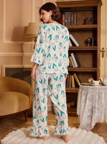 女士花卉印花荷叶边下摆喇叭袖上衣和裤子睡衣套装 - 杏色 - 查看 2