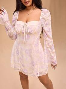 Forever 21 大码女式蕾丝花卉印花浪漫约会夜喇叭袖连衣裙 - 彩色 - 查看 6