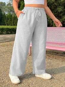 SHEIN EZwear Plus Size Women Drawstring Waist Striped Casual Vacation Straight Pants - Coffee Brown - View 6