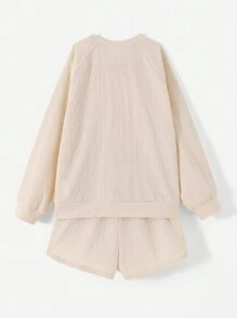 Tween Girl Casual Solid Color Crew Neck Long Sleeve Knitted Top And Straight Shorts Set - Apricot - View 7