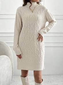 EURMUSE Knitwear Dress With Folded Neck And Cable Pattern - Beige - View 4