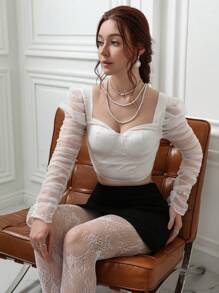 Aveloria Rosie Mesh Panel Ruched Long Sleeve Fitted Cropped Bandeau Shirt Fall Cloth For Women