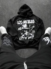 PAVTROS Conjunto con sudadera negra con capucha para hombres y jóvenes con diseño de calavera, llamas y estrellas, ropa de dos piezas para hombres, ropa de Halloween - Negro - Ver 3