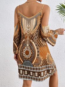 Breezaya Women Vintage Style Print Off Shoulder Dress Vacation Beach Outfit - Brown - View 2