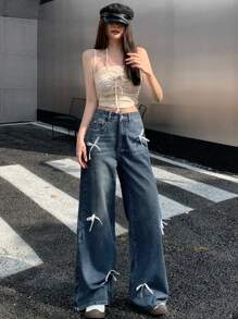 DAZY Quần denim nữ có nơ trang trí thông thường - Màu xanh lam - Xem 3