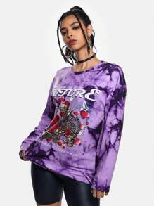 Freeman Studio Artist Women's Loose Fit Graphic Printed Crew Neck Long Sleeve T-Shirt In Halloween, Y2K, Streetwear, Dark Casual Styles, Women Tee, For Holiday, Vacation, Festival, Ibiza Fits, Western Wear - Multicolor - View 6