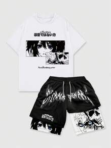 ROMWE MEN Bộ 2 áo thun tay ngắn in hình anime và quần short cho nam, thích hợp mặc hàng ngày vào mùa xuân và mùa hè, đi học - trắng - Xem 1