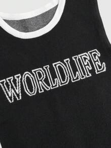 ROMWE MEN Street Life 男士圆领拼色字母印花毛衣背心，学校 - 黑色 - 查看 3