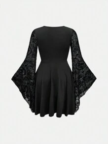 ROMWE Goth 复古哥特式植绒和花卉网眼撞色系带腰女式连衣裙，适合新年 - 黑色 - 查看 2