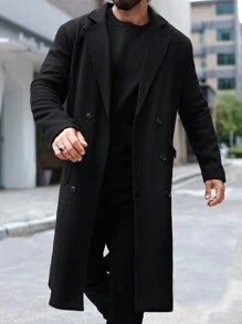 Manfinity Mode Áo khoác len dài tay hai hàng khuy màu trơn cho chồng, Áo khoác dài cho nam, Áo khoác dài màu đen cho nam, Áo khoác dài cho nam - màu đen - Xem 8