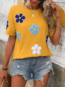 SHEIN LUNE Camiseta de manga corta de cuello redondo holgada con estampado de flores, para verano