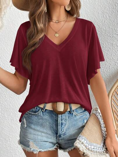 SHEIN LUNE Camiseta informal holgada y cómoda de mujer con cuello en V y mangas de murciélago