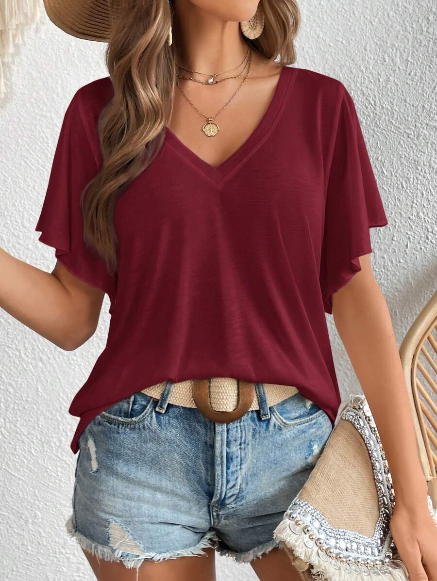 SHEIN LUNE Women's V-Neck Batwing Sleeve Casual Loose Comfortable T-Shirt,Casual - Burgundy - View 1