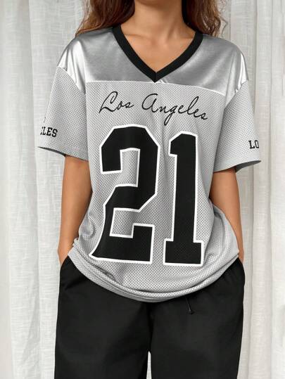 Flirla 夏季美国复古休闲网眼撞色图案数字印花运动衫 T 恤图案 T 恤女式上衣