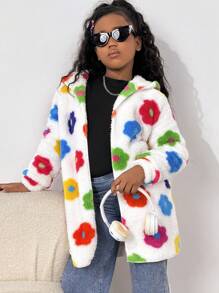 SHEIN Floral Print Reversible Fleece Hooded Jacket For Tween Girls