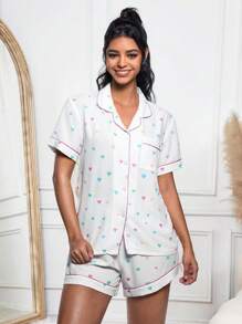 Maryam Alam Artist 2pcs Women Heart Print Short Sleeve Top And Casual Comfy Shorts Pajama Set, For Summer, Holiday, Going Out