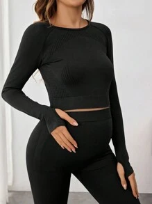 SHEIN Maternity Round Neck Long Sleeve Fitted Casual Solid Color Pullover - Black - View 6