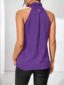 Chiquease Blusa elegante de ajuste ceñido con cuello mao, sin mangas y diseño floral para mujeres - Morado - Ver 2
