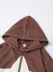 SHEIN Sudadera con capucha, manga larga y cremallera con estampado de pentagrama para niña adolescente - Café integral - Ver 4