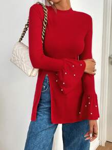 SHEIN Essnce Damen Crop Top mit Rundhalsausschnitt, Langarm, Rippenstruktur, Glockenärmeln und Perl-Dekor in Rot