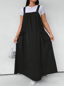 Flirla Plus Size Women Solid Casual Side Pocket Loose Long Overall Dress Maxi Women Outfit - Black - View 5