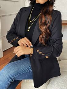 Calvaya Cộng với kích thước cổ áo có nút cài phía trước Áo dài tay công sở thanh lịch - màu đen - Xem 1
