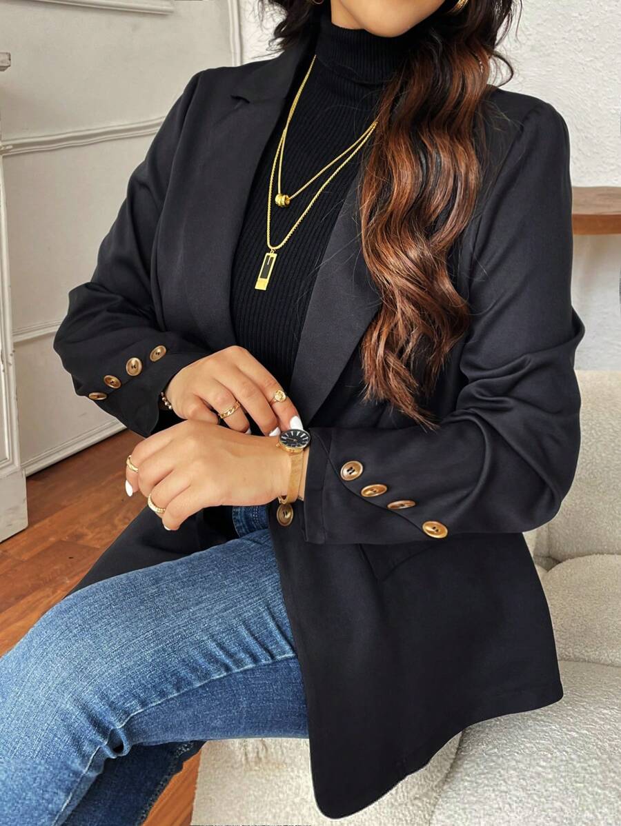 Calvaya Cộng với kích thước cổ áo có nút cài phía trước Áo dài tay công sở thanh lịch - màu đen - Xem 1