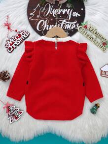 女婴独特的圣诞红色帽袖毛衣紧身衣，可爱的圣诞老人风格服装，舒适休闲 - 紅色 - 查看 2