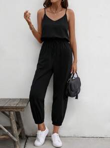 SHEIN LUNE Women'S Solid Color Strap Jumpsuit - Black - View 6