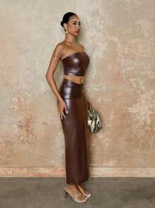 SHEIN BAE Váy bút chì và áo xếp nếp màu trơn dành cho nữ - màu nâu - Xem 4